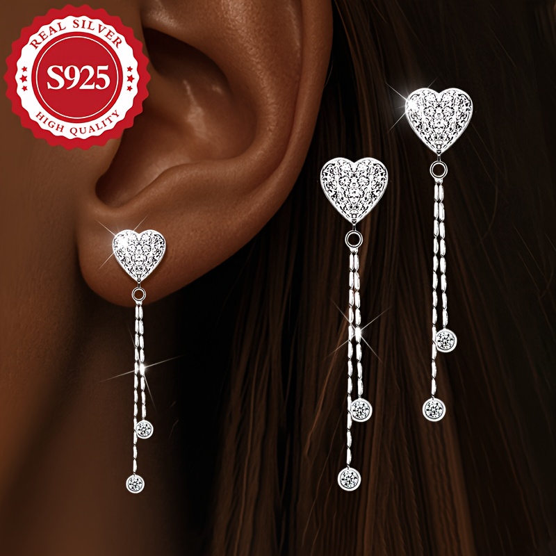 

Elegant S925 Sterling Silvery Heart Tassel Earrings - Hypoallergenic, Sparkling Cubic Zirconia, & Music Festivals, Ideal Christmas Gift, Long, 3g