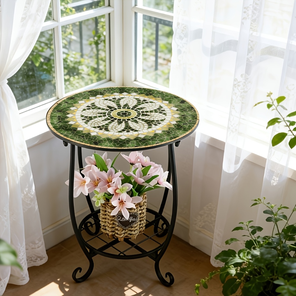 Small Round Metal Side Table with 2-Tier Iron Plant Stand, Retro Mosaic Design