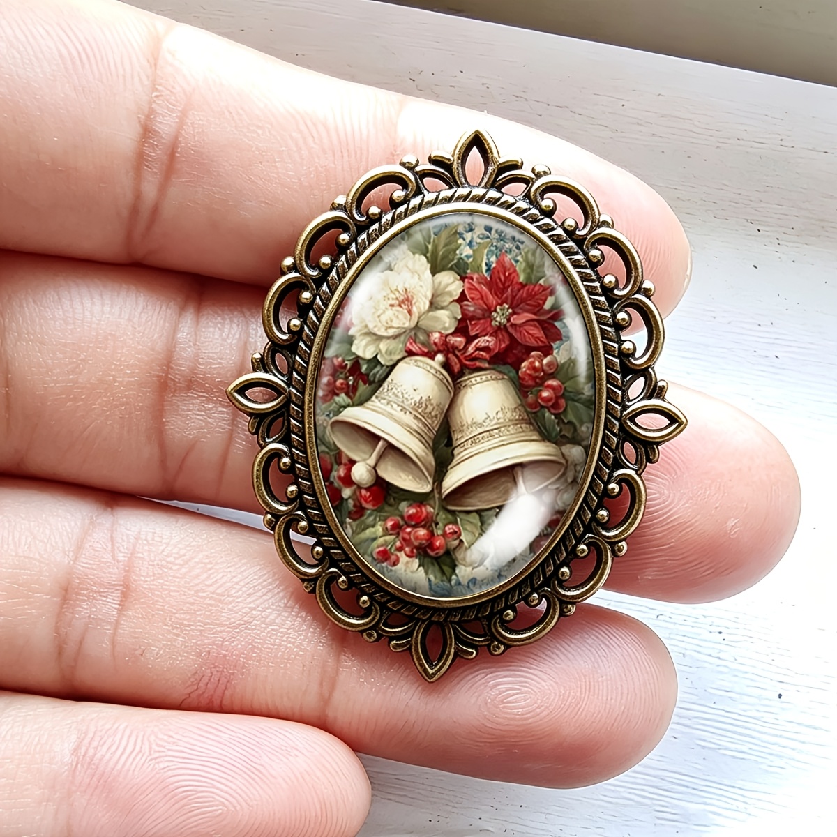 TEMU Exquisite And Elegant Christmas Bell Wreath Brooch, Multifunctional Sweater Pin Suitable For Gifting