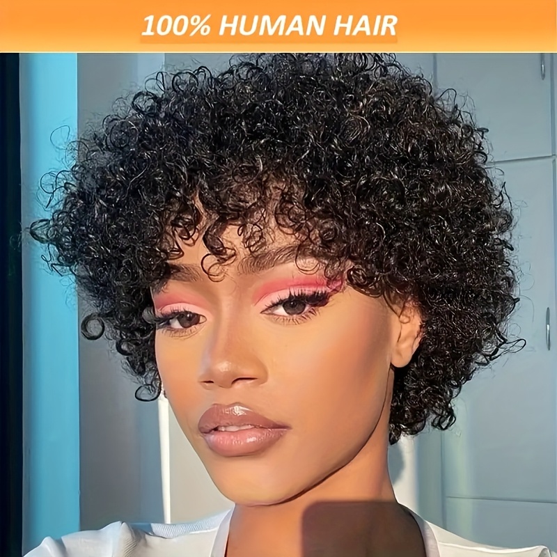 Chic Curly Pixie Cut Wig with Bangs - 180% Density 100% Human Hair, Glueless Design, Loose Curl Short Wig for Women, Rose Net Cap, Natural Look, Perfect for Everyday Style