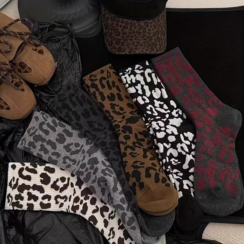 

6pcs Leopard Print Mid-calf Socks For Women - Fashionable High Waist, Stretchy Polyester , Fall & Winter, Ins, , Mid-length