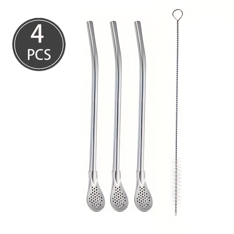 Image of 304 Stainless Steel Straw Filters With Cleaning Brushes, Reusable Flower Tea Spoons, Mate Tea Straws, , Coffee Stirrers For Milk Drinks, And Detachable Stainless Steel Straw Filters For Loose Tea