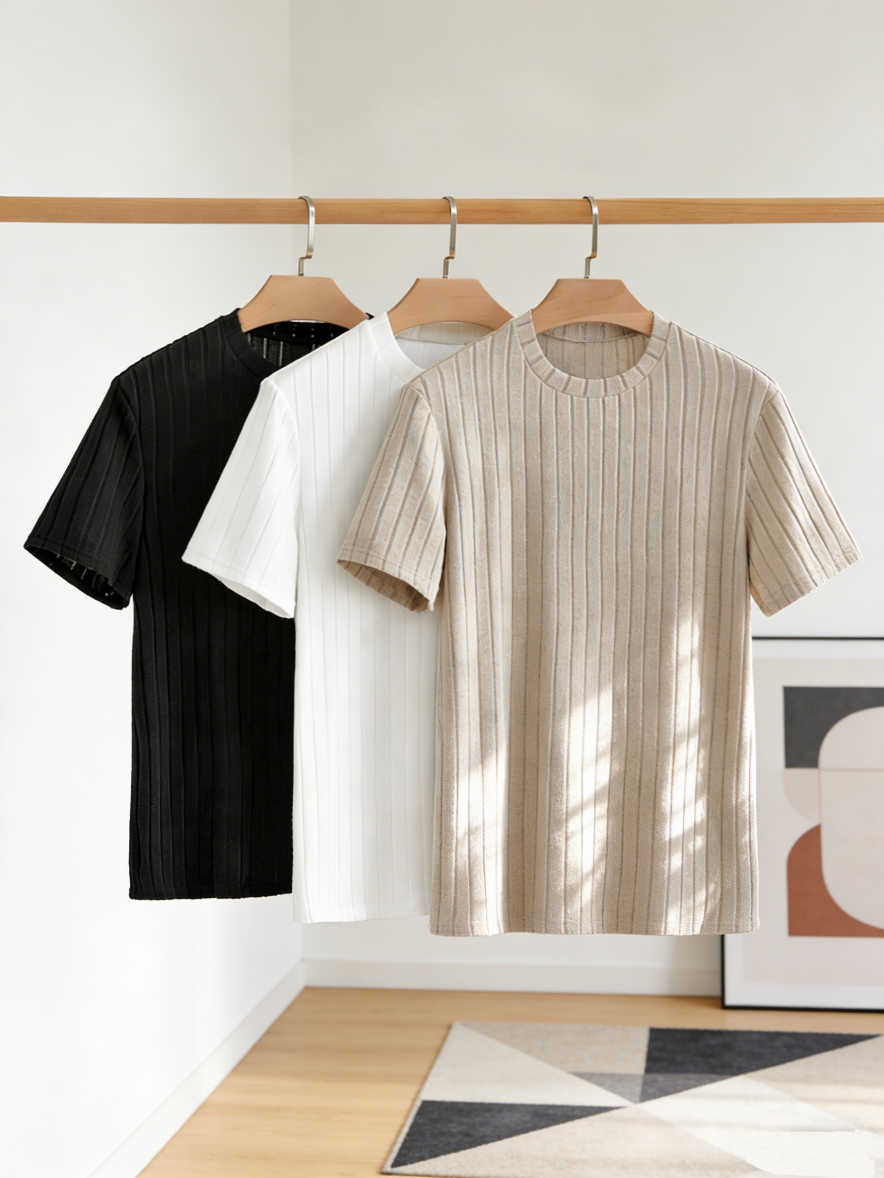 Men'S Casual Easy Style 3-Color Vertical Striped Knit Round Neck Short Sleeve T-Shirt 3pcs Set, Daily Commute Leisure Multi-Scene Outfit Top Combination