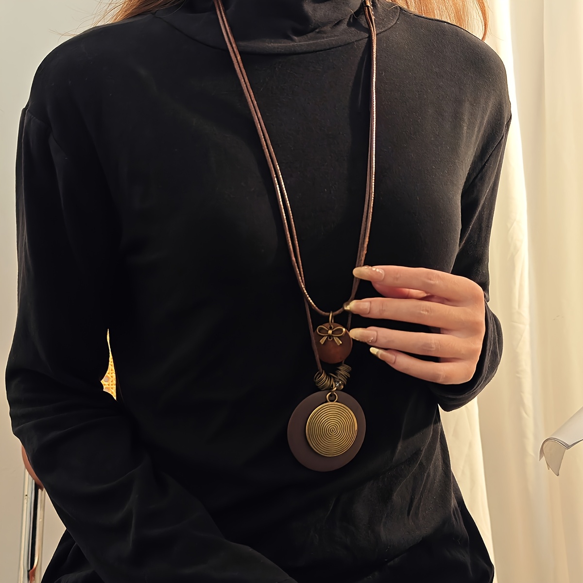 

Bohemian Style Double-layer Round Bow Necklace, Vintage Long Simple Sweater Chain For Women