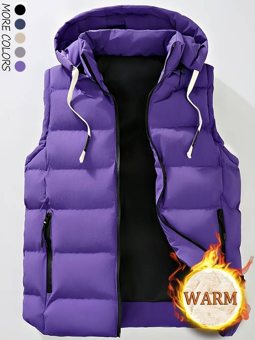 item picture mens warm hooded vest jacket with zipper pockets soft and comfortable new autumn winter plush lined thickened style outer wear for winter core body warm suitable for casual travel and sports scenes