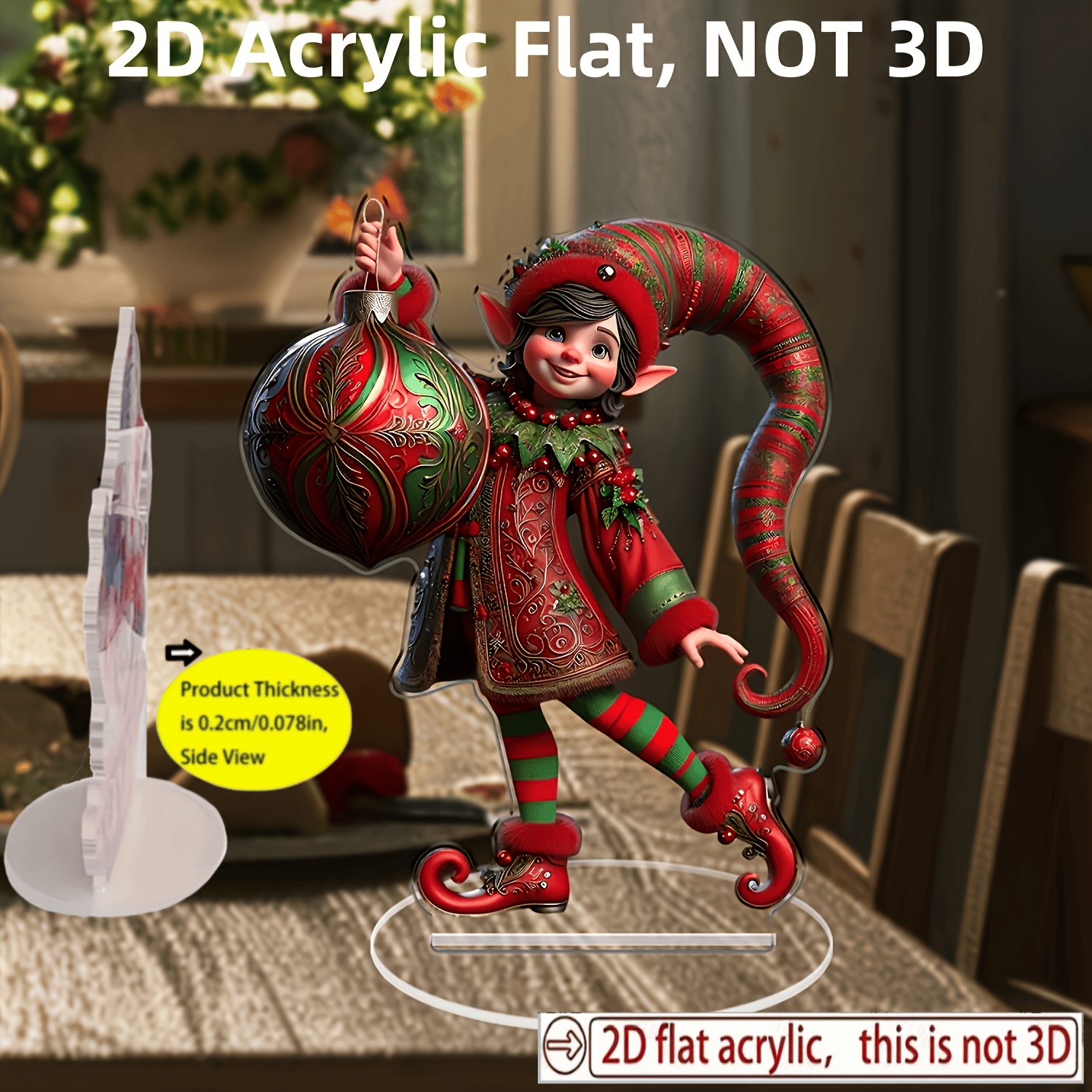TEMU 2d Flat, 2d Flat Acrylic Desktop Ornament, Charming Christmas Elf - 18cm X 14cm Holiday Table Decoration, Suitable For Home, Office, - Perfect