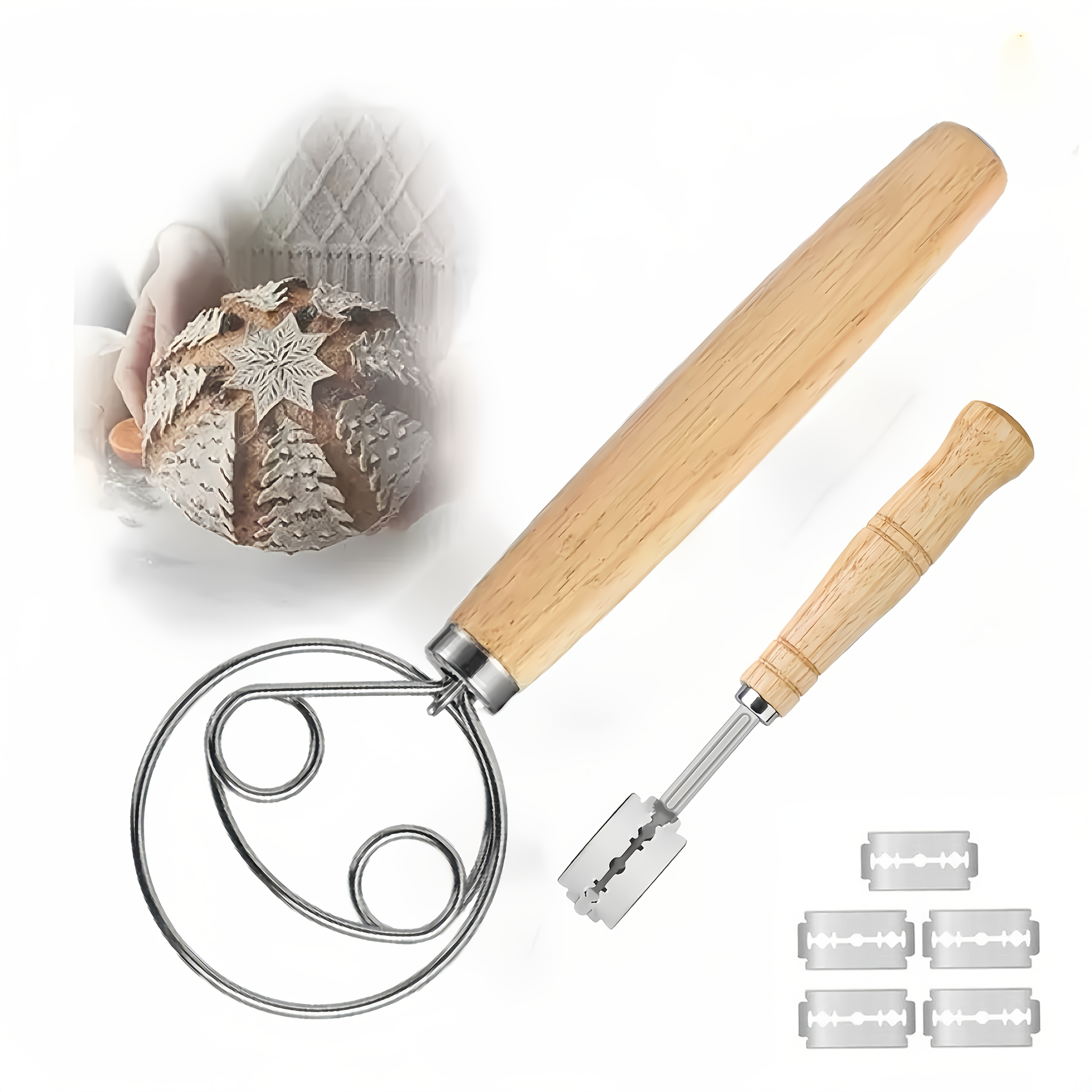 TEMU 2pcs For Dough Whisk Set, Suitable For Dough - Wooden Handle For Dough Mixer Scoring Tool, Baking Tools Baking Supplies