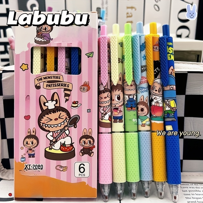 

Labubu 6-pack Retractable Gel Ink Rollerball Pens - Extra Fine Point, High-capacity Quick-drying Black Ink, Cute Cartoon Design, Plastic Material For Smooth Writing