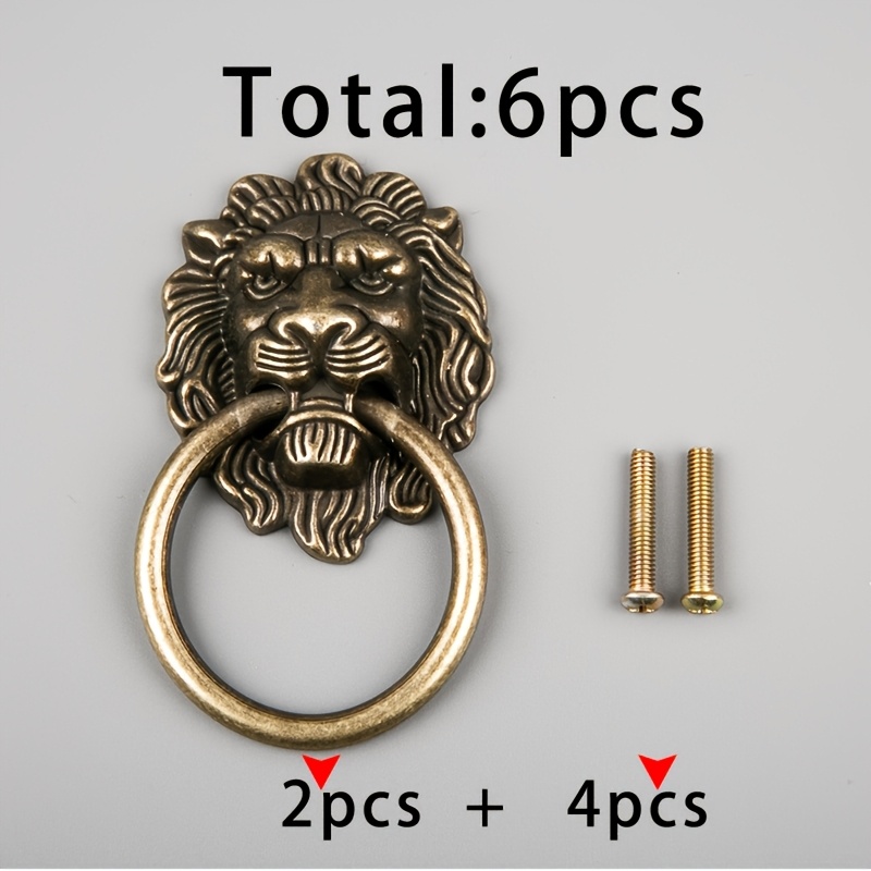 TEMU 2 Tiradores de hierro grandes con cabeza en bronce + 4 tornillos de 4x22 para tirador en bronce, total 6 piezas. Tiradores de anillo con cabeza