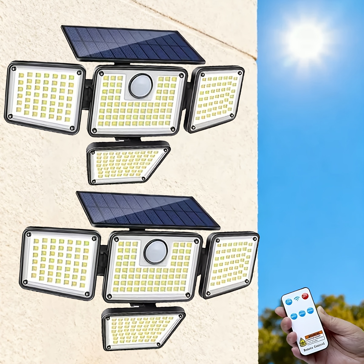 TEMU Luces solares para exteriores con sensor de movimiento de 200 LEDs, luces de seguridad de inundación de 4 cabezales con control remoto, 3 de