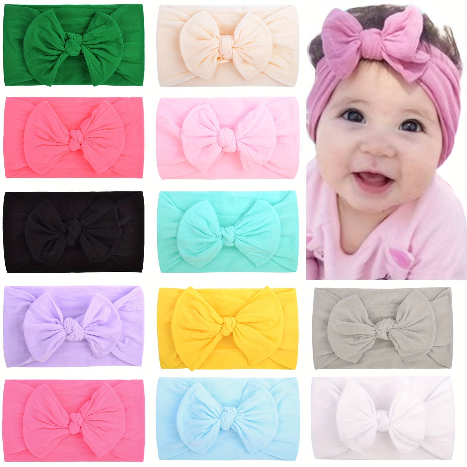 

12pcs Cute And Comfortable Baby Nylon Stocking Bow Headband, High Elastic Hairband
