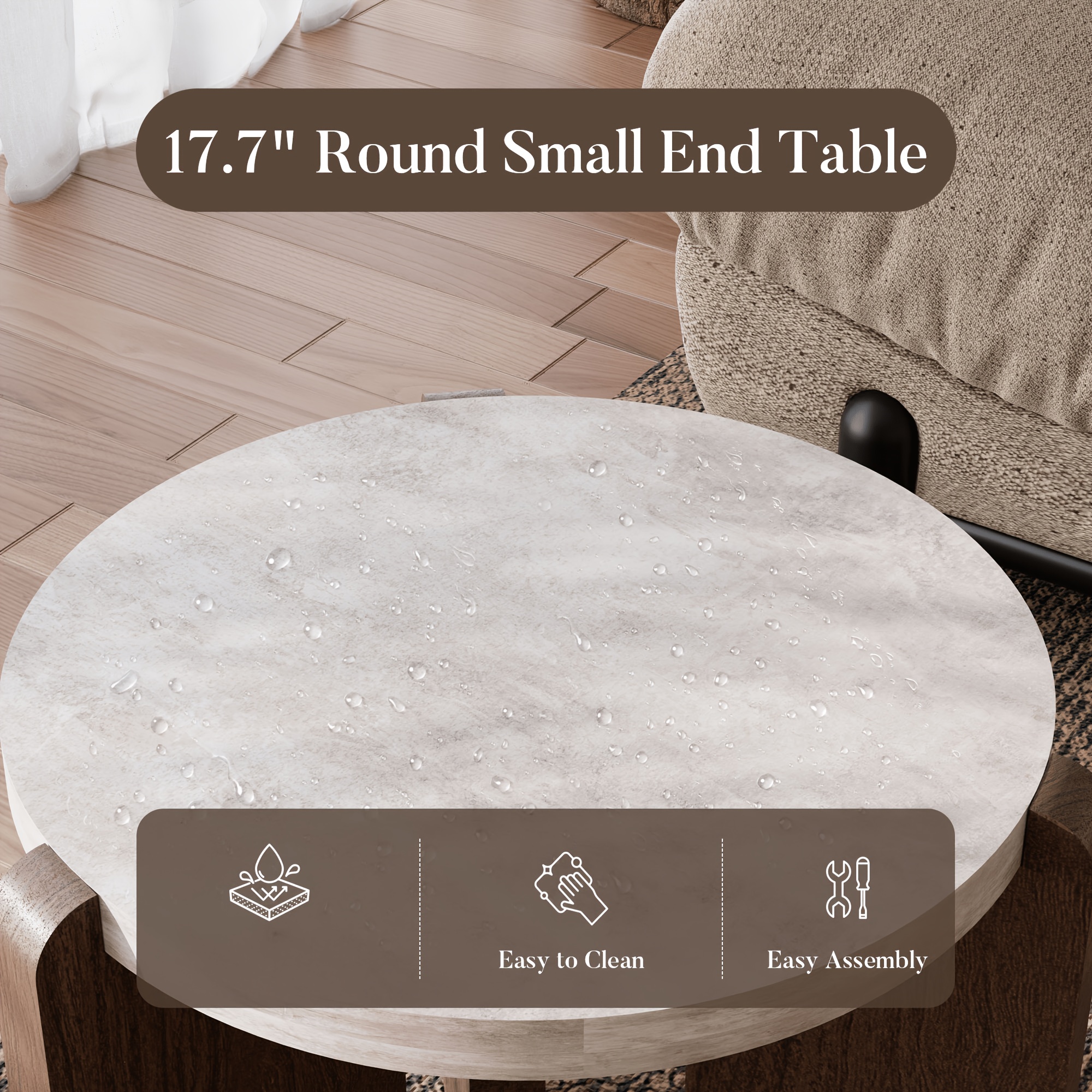 Brown Marble Look Side Table, Faux Marble MDF End Table for Living Room, Bedroom - Modern Accent Table with Lower Shelf for Couch, Sofa, Small Apartment