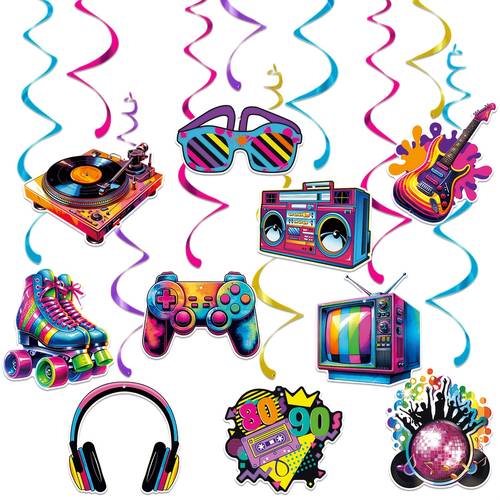 12 24 36pcs random style random color retro 80s 90s hanging swirl decorations metallic ceiling swirls with disco balls roller skates etc for hip hop birthday rap music dj dance back to 1980s 1990s decor