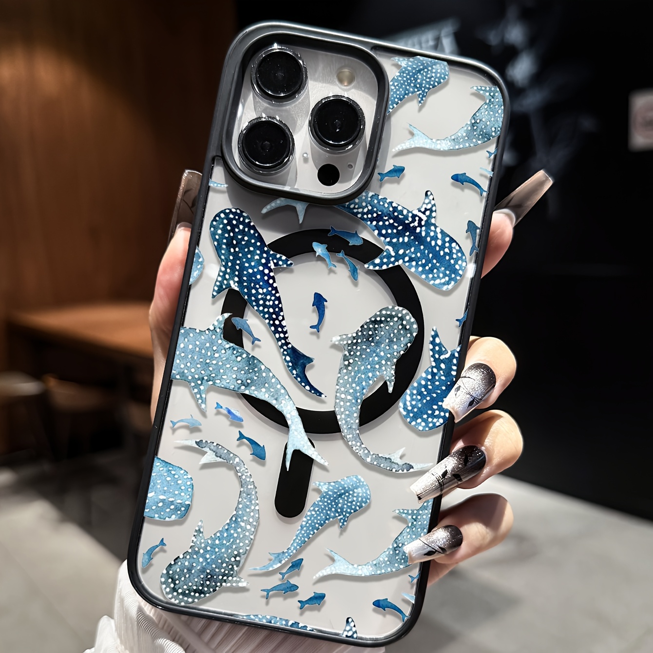 TEMU Phone Case: 1 Acrylic Magnetic Phone Case, Featuring A Transparent Base With A Watercolor Whale Shark And Small Fish Print, Exuding A Refreshing