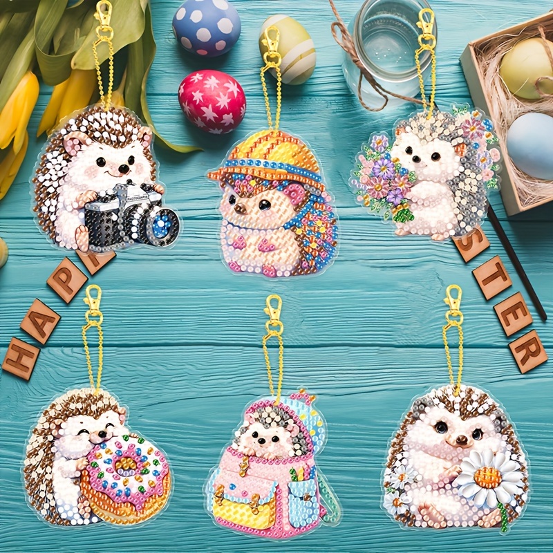 

6-piece Diy Hedgehog Diamond Art Keychain Kit - Colorful Cartoon Mosaic Pendants For Backpacks & Crafts, Perfect Gift For Birthdays & New Year