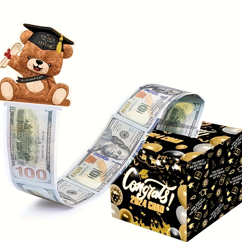 生日快乐钱箱现金礼物拉，钱礼盒拉出蛋糕卡和透明袋，钱卷拉出惊喜礼盒的朋友和家人以上翻