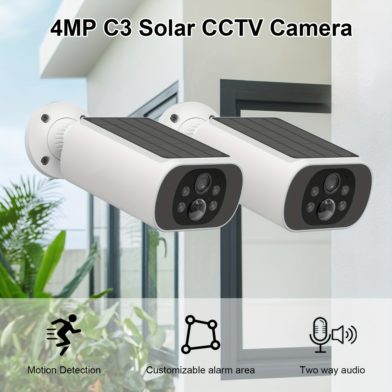 TEMU Lot de 2 caméras de sécurité solaires fil extérieures 4MP, vision en couleur, caméra de surveillance extérieure WiFi 2,4G et 5Ghz pour la