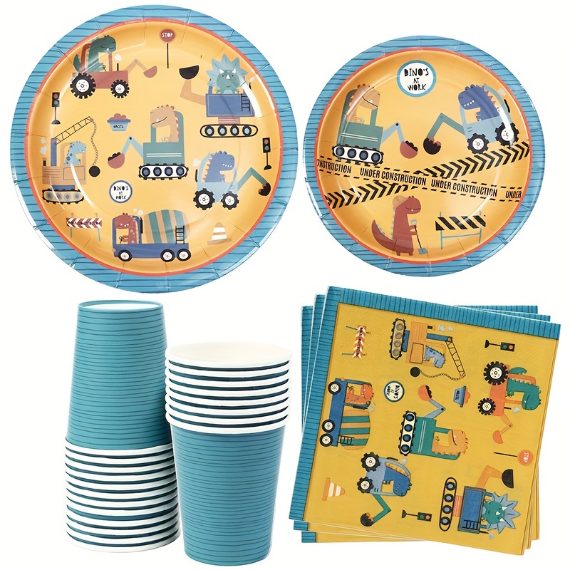 

8/16pcs, Construction Vehicle Party Disposable Tableware Set, Happy Birthday Party Decor, Engineering Truck Plate Cup Dinosaur Birthday Decor