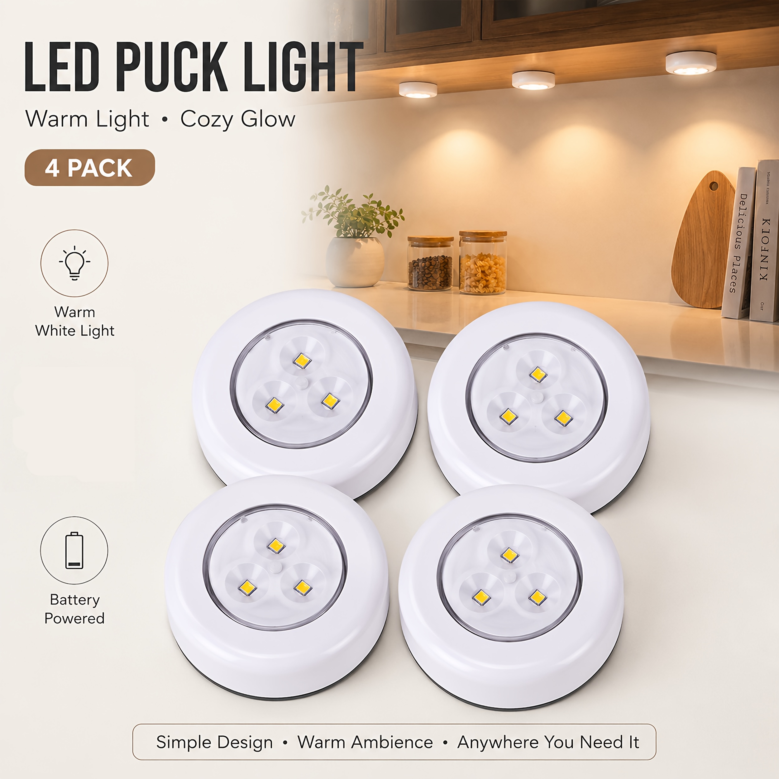 TEMU Battery-powered Led Cabinet Night Light | Warm/cool White Options 3000k/6000k | Push Button Switch | No-drill Adhesive Backing For Wireless