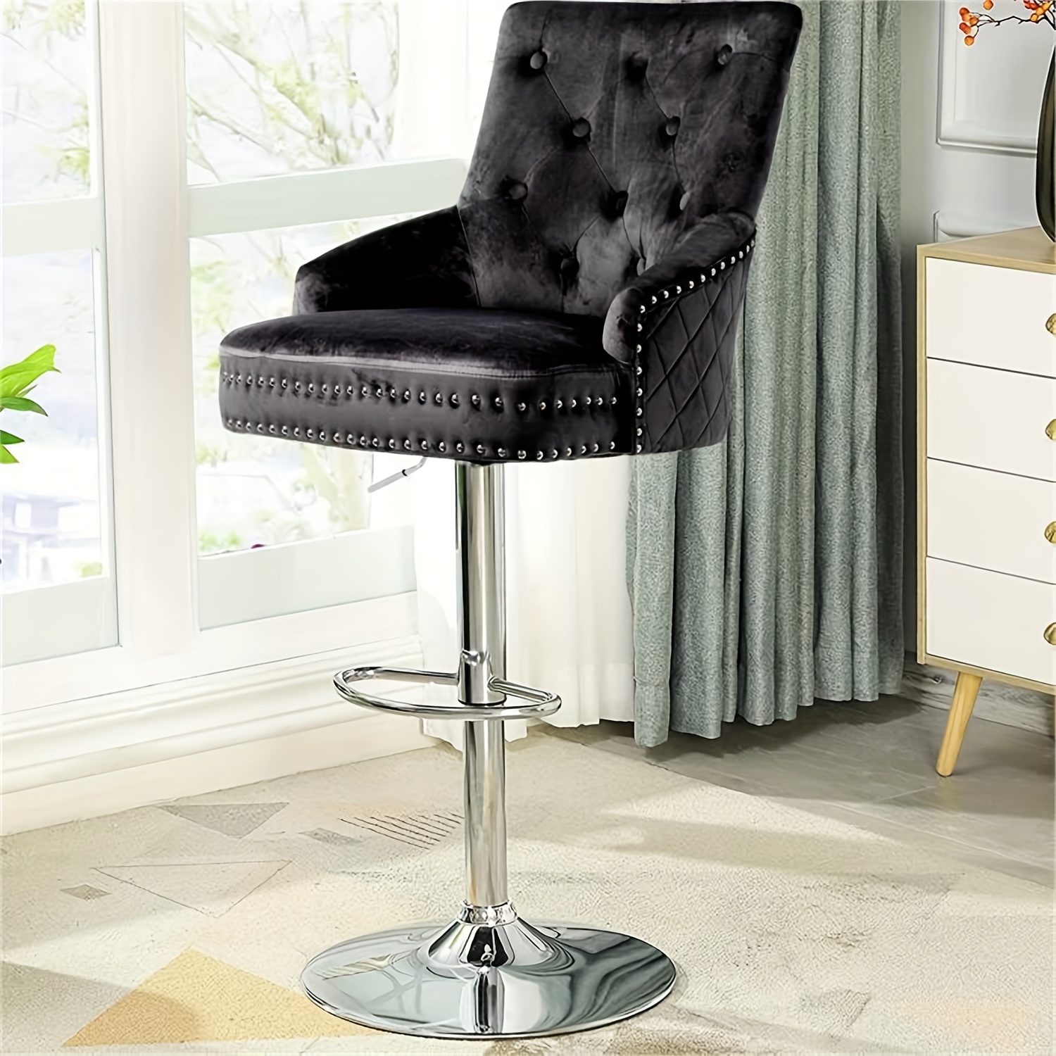 TEMU Aesome 1pc Black Velvet Barstools Modern Counter Height Adjustable Swivel Stools Chairs With High Tufted Backrest Chrome Base Pull Ring Diamond