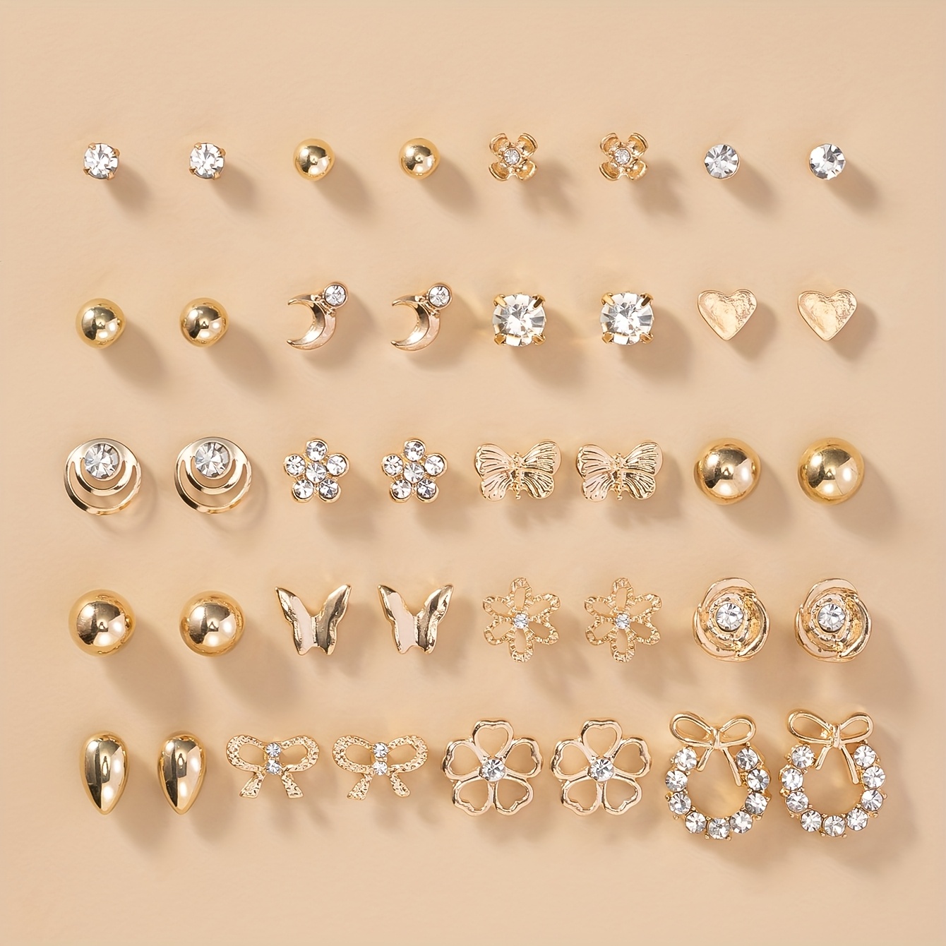 Image of A Set Of 20 Pairs Of Cute Bow, Heart, Teardrop, Small Flower, Geometric, And Round Fashion Minimalist Women's Stud Earrings, Casual Combination Earrings, Large Set, Multi-piece Set, Holiday Gift
