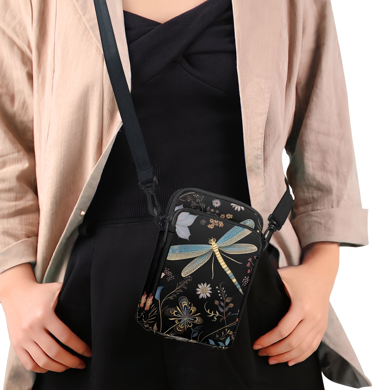 

1pc Women’s Mini Crossbody Bag With Aesthetic Floral & Dragonfly Print, Shoulder Purse, Adjustable Strap, Zip Closure, Phone Handbag, Polyester Material, Mixed Colors, Small Crossbody Bag