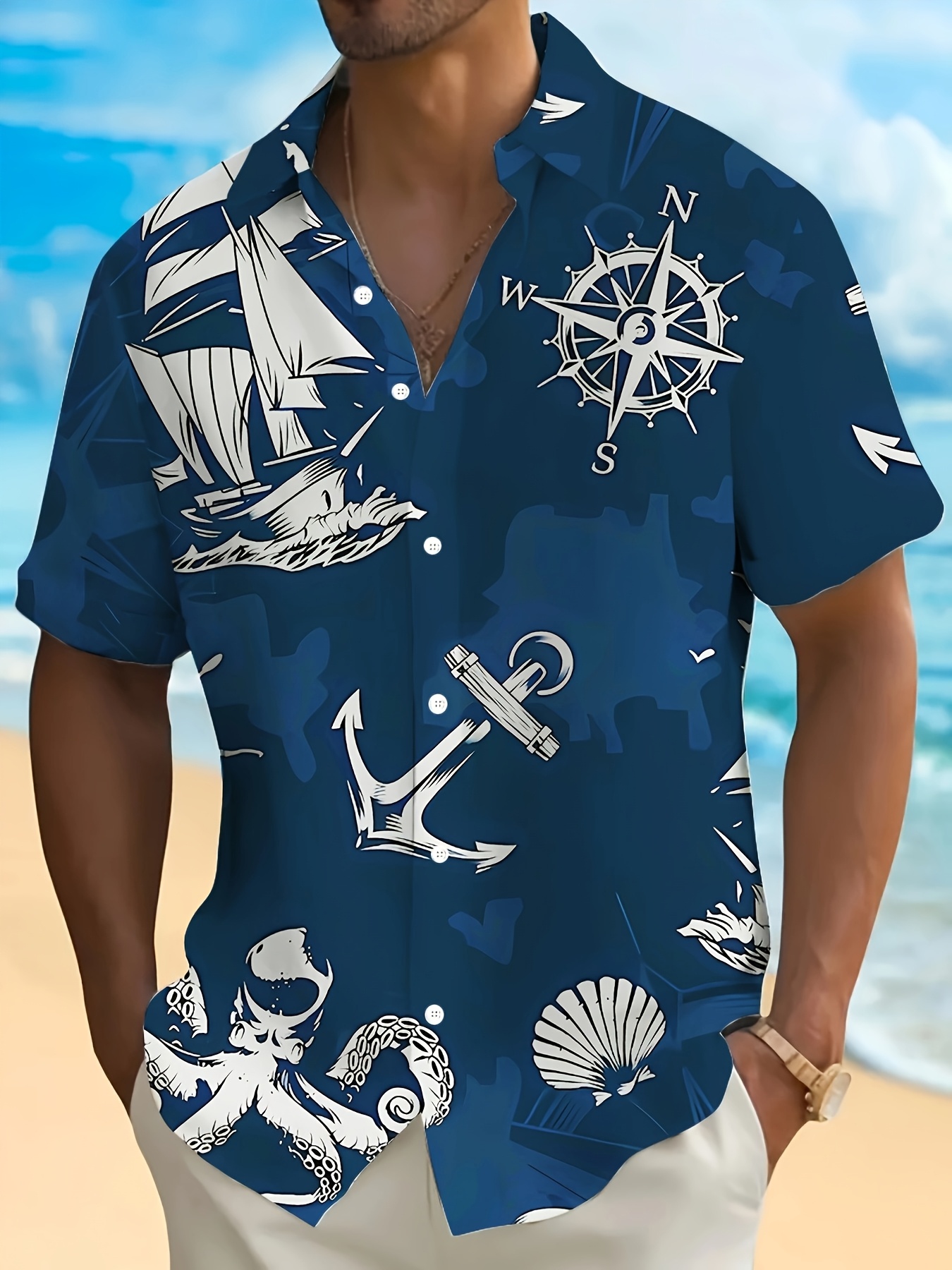*'S Casual Print Short Sleeve Shirt Blue Nautical Design with Sailing  Ship, Compass, and Beach Vacations and Out