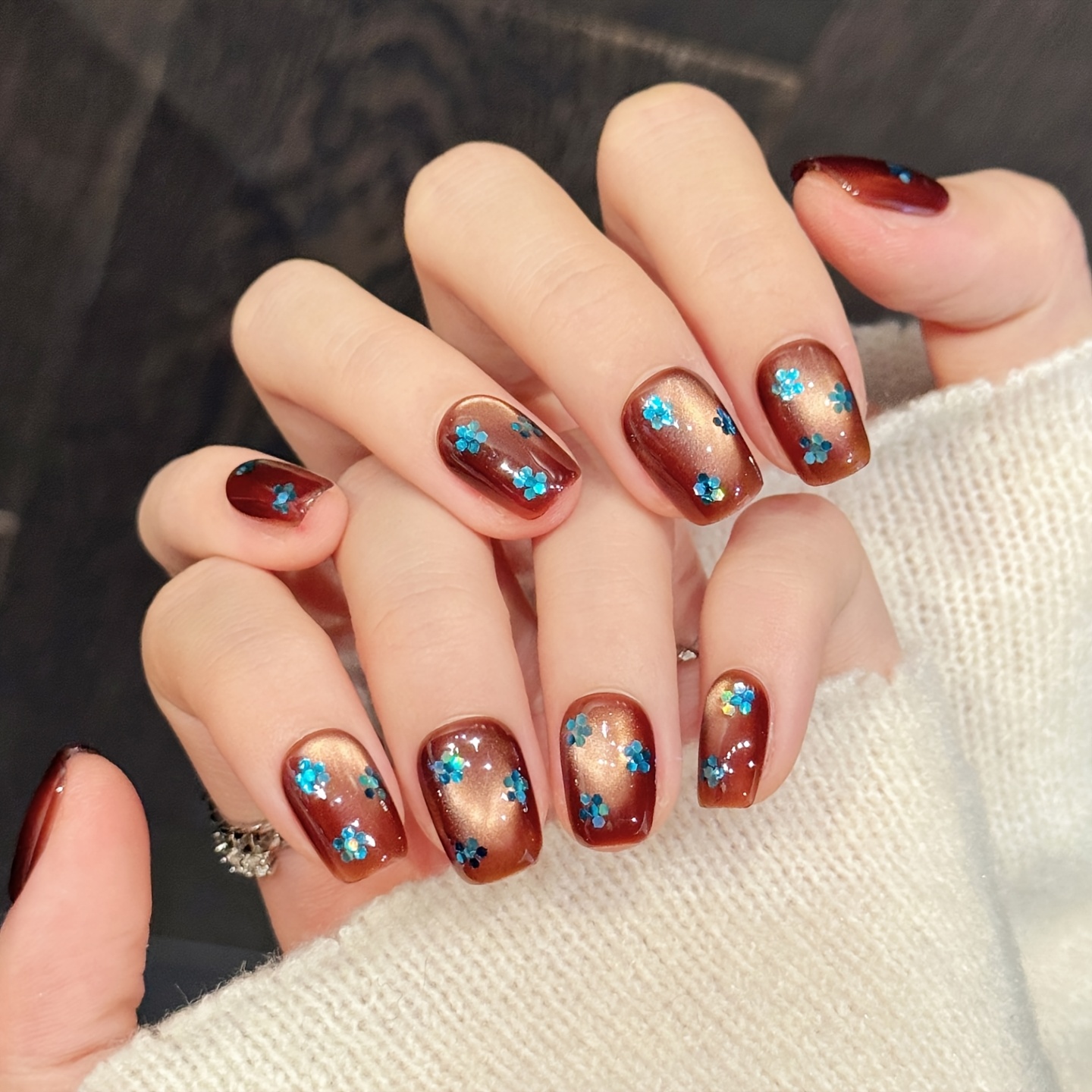 pure handmade wearable nail set yh 1696 brown glaze teal - Temu