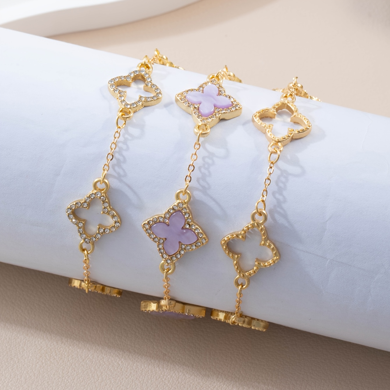 TEMU 3pcs Luxury High-end Clover Rhinestone Decorated Bracelet Set, Brown And Golden, Elegant And Sweet Ladies' Bracelet Set, Stackable Style