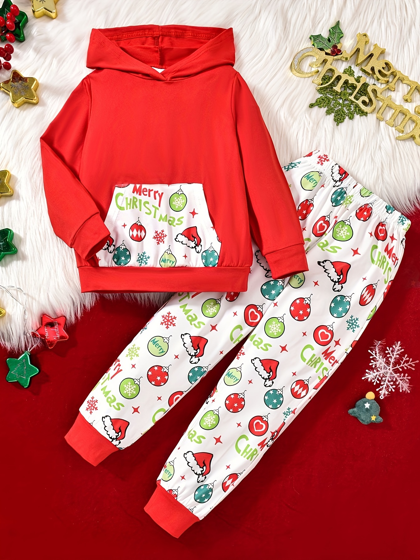 Boy's Christmas Style Hooded Outfit, Cartoon Santa Print Hoodie  Sweatshirt Top Pants Set, Kid's Clothes For Fall Winter, As Gift