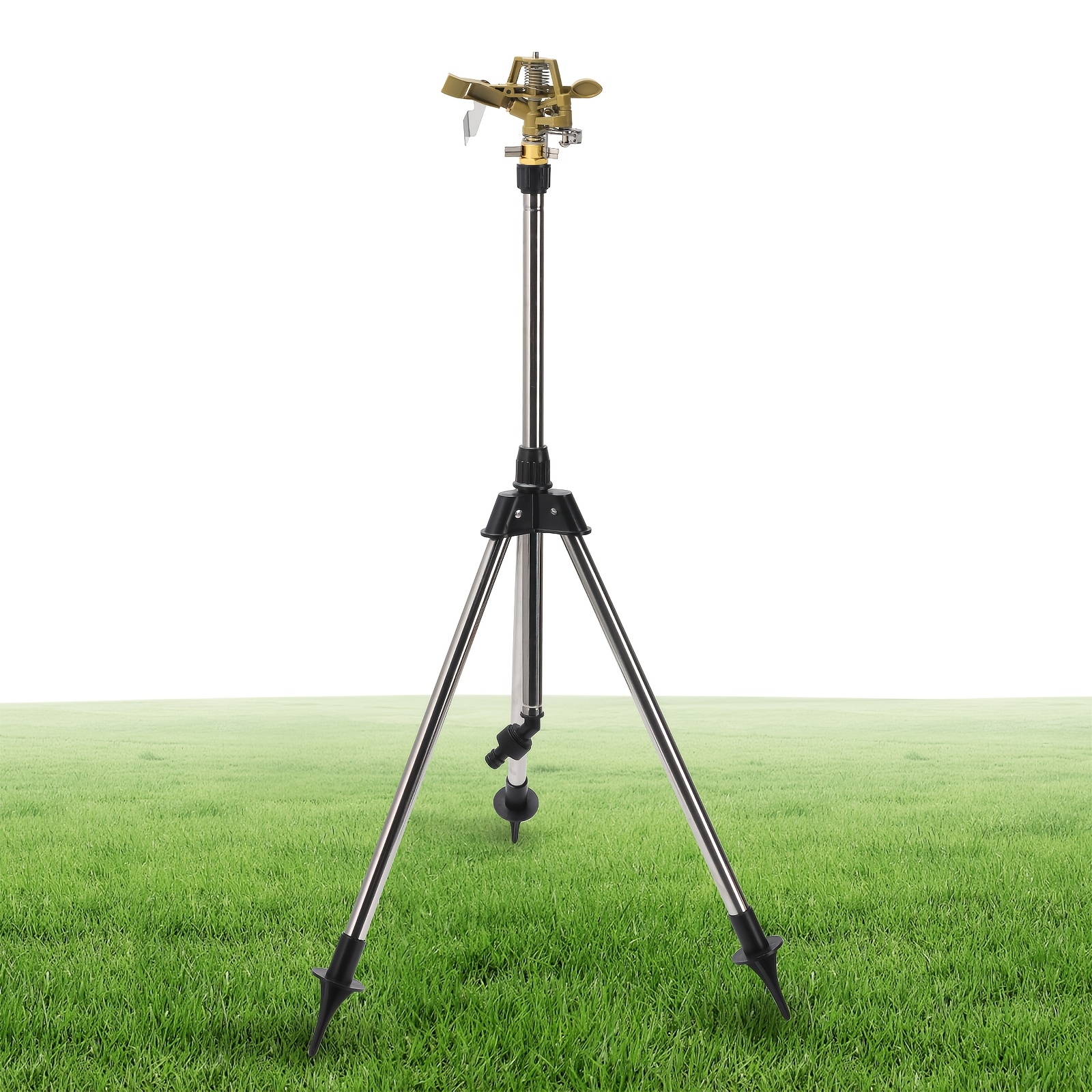 TEMU Arroseur Rotatif en Acier Inoxydable avec Base Trépied - Système d'Irrigation de Pelouse à Angle Réglable, Connecteur , Buse Métallique Durable,