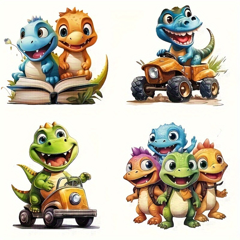 Image of 4pcs Cartoon Dinosaur Iron-on Heat Transfer Stickers For T-shirt Making, Pillow Decorating & Clothing Supplies