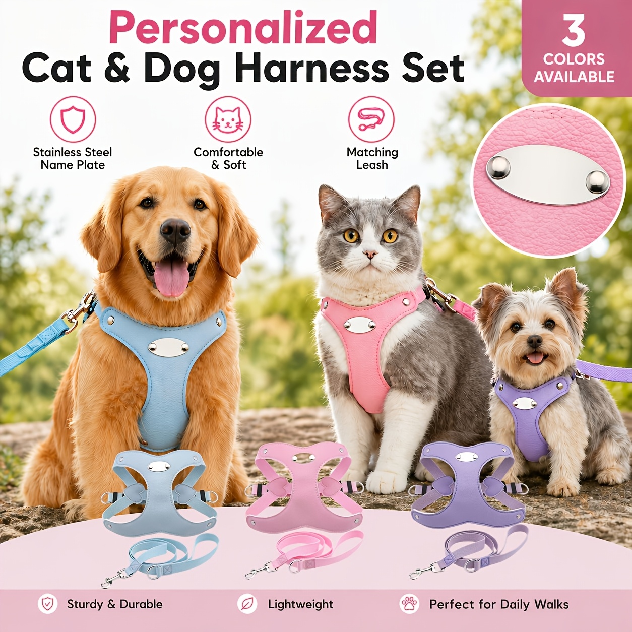 2pcs Custom Pet Leash Set with Adjustable Vest, Engraved Name & Phone Number