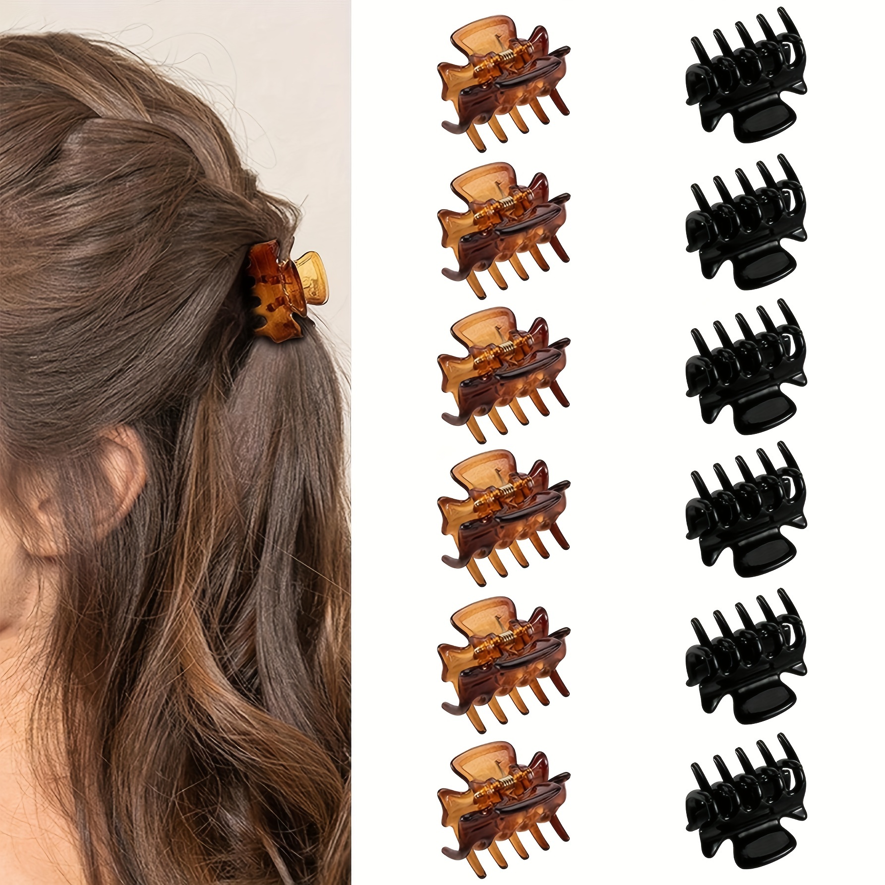 

12pcs & Transparent Hair Claw Set - Vintage-inspired, Small Double-tooth Grips For Ponytails And Updos - Accessories For Women