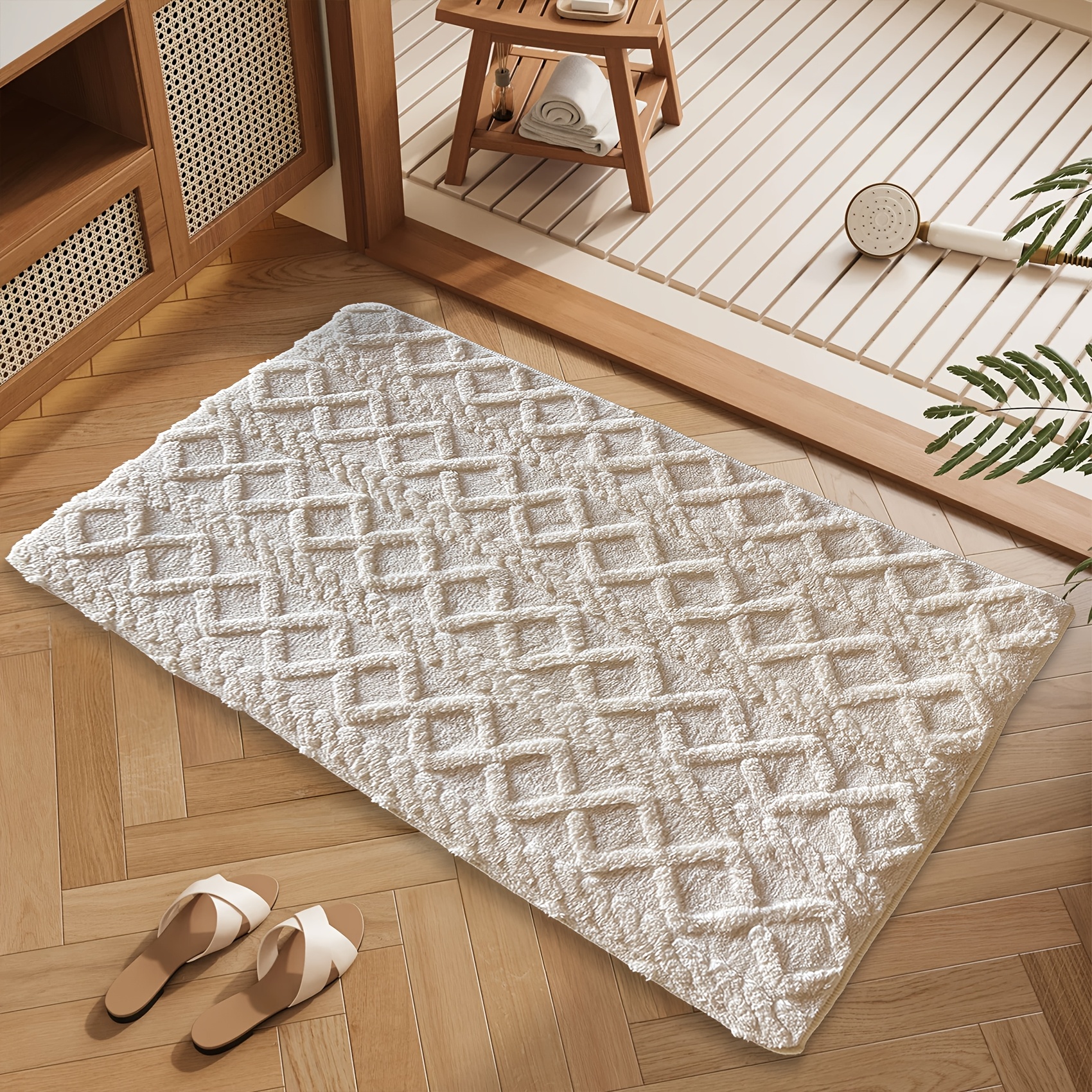 TEMU A Soft Bathroom Rug With 3d Flocking, Beige, Machine Washable For Home Use, Suitable For Bathrooms, Showers, Laundry Rooms, Indoor Decorative