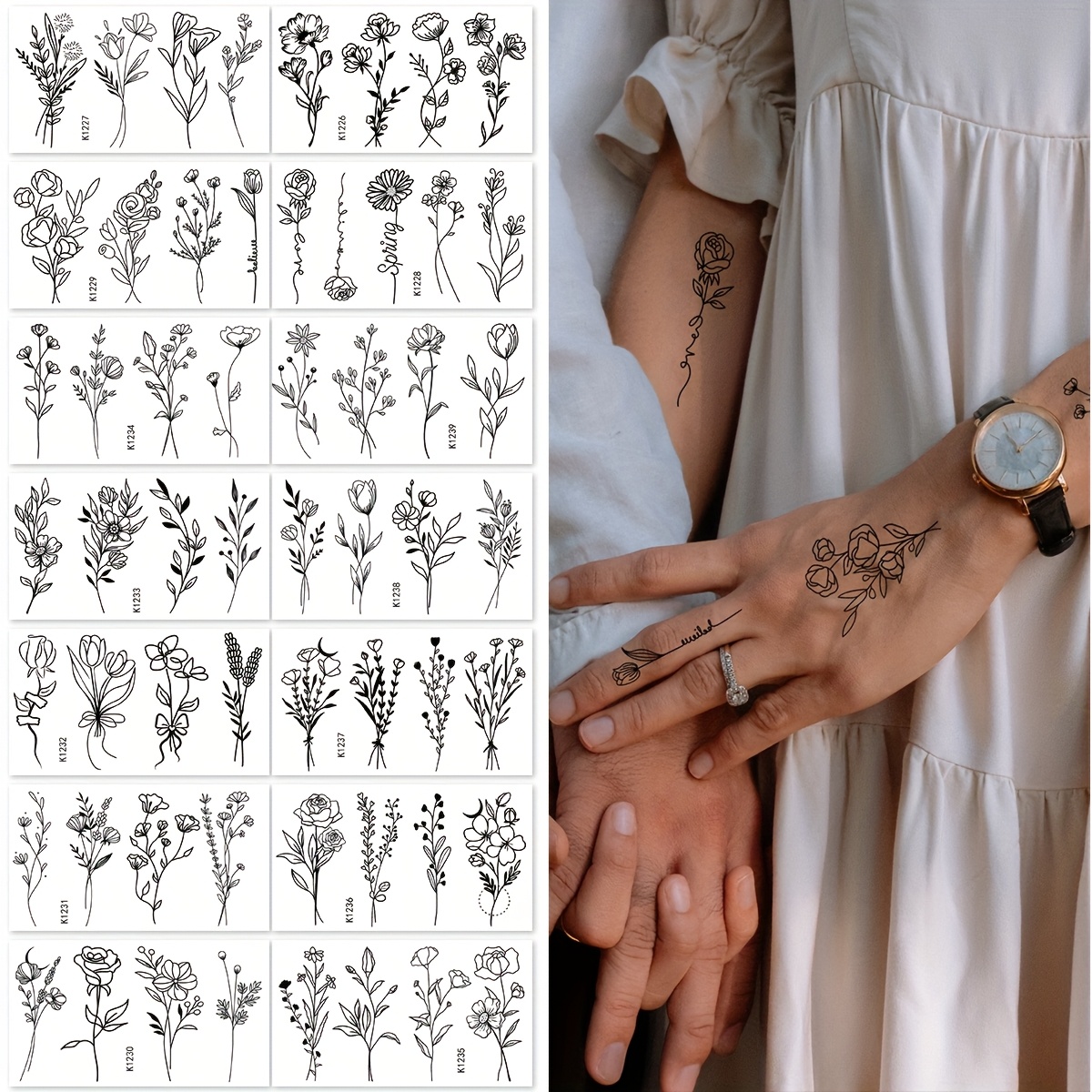 Image of 14 Sheets Black Flower Temporary Tattoo Stickers, Tiny Branch Delicate Pattern Designs Waterproof Tattoo Stickers, Long Lasting Face, Hands, Body Art Fake Tattoo For Women Girls Body Art Makeup