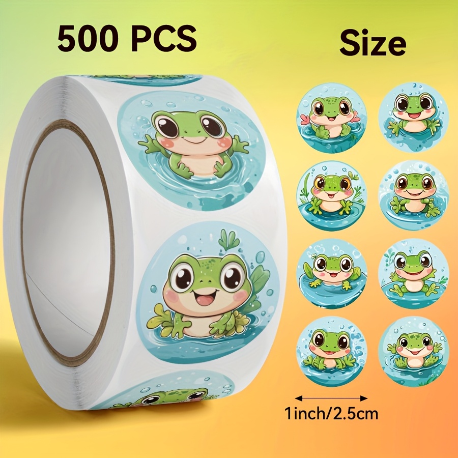 500pcs/roll, Frog-shaped Sticker Roll With Adorable Animal Patterns, Measuring 1 Inch/2.5cm In Size. The Design Features Green Frogs Frolicking In Water, Complemented By Blue And Bubbles, And Perfect