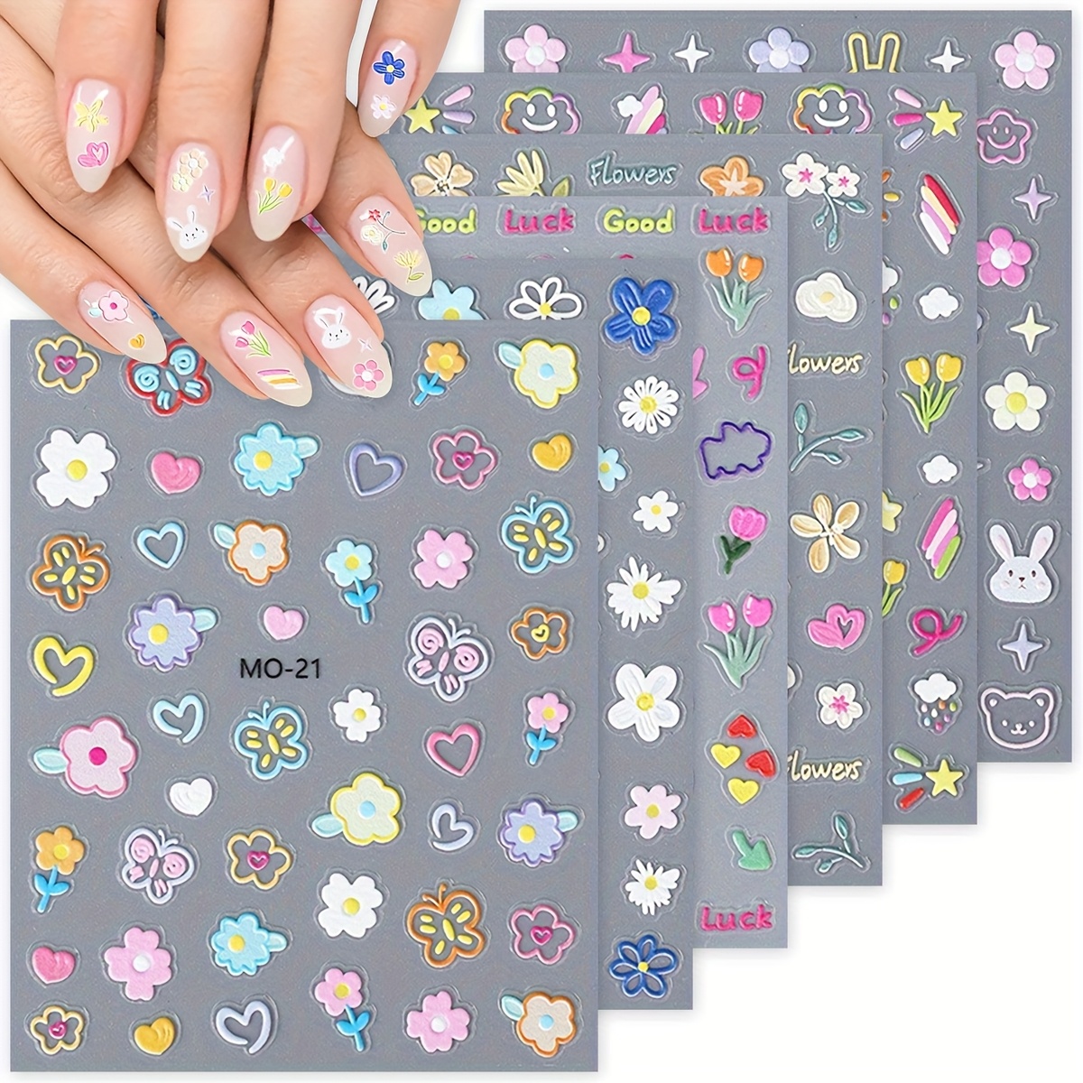 Image of 6/12/18 Cute Flower & Bunny Nail Stickers, Spring/ 5d Relief , Self-adhesive Colorful Decals For Diy Manicure