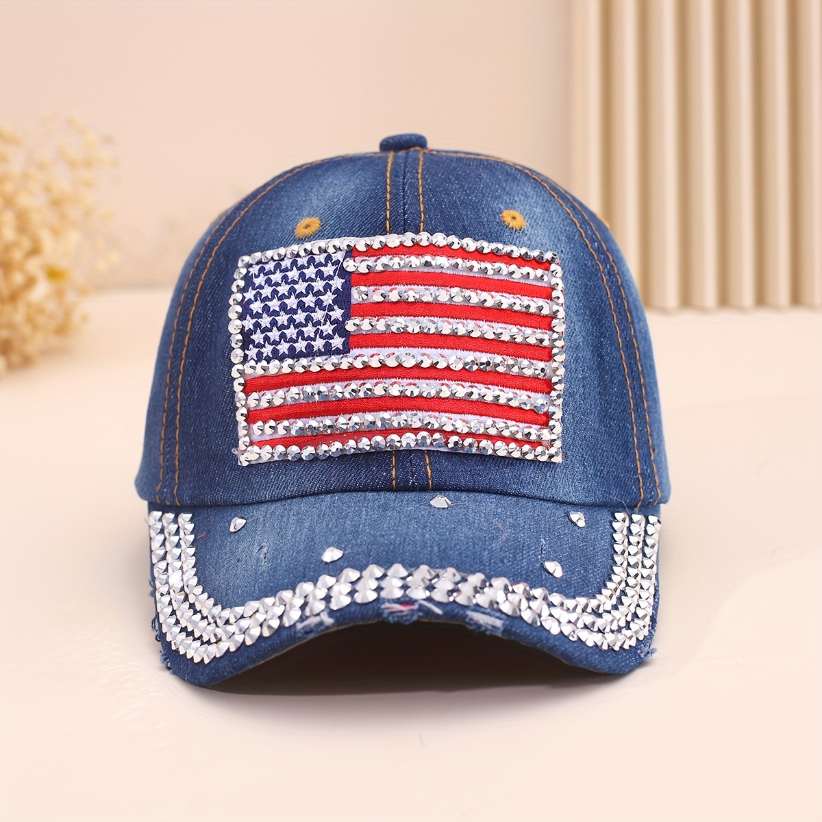 

Denim Rhinestone American Flag Baseball Cap For Women, Sun-protective Duckbill Hat, Casual Sport Cap With Bling Accents