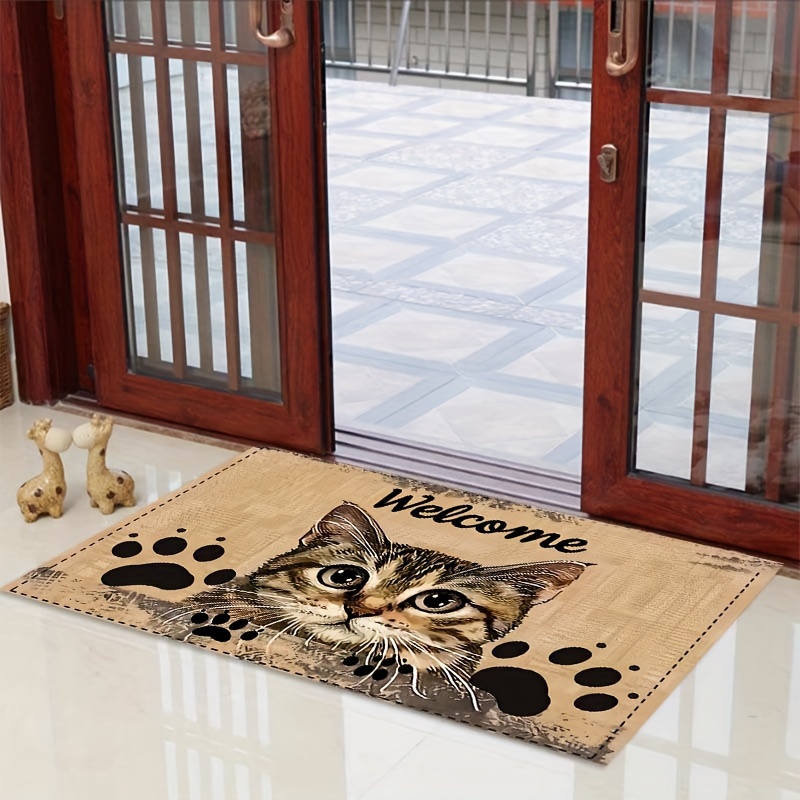 

Welcome Cat Design Polyester Doormat With Machine Washable Care Instructions, Non-slip Rectangle Indoor Entrance Rug For Kitchen, Living Room, Bedroom - Decorative Floor Mat