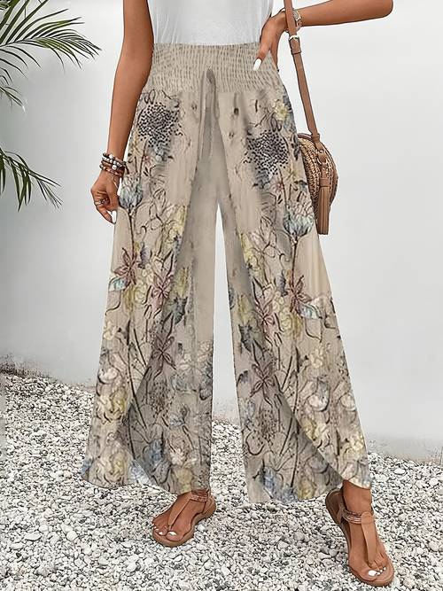 elegante blumen-hosen mit weitem bein für damen - lässige strandkleidung, lockerer sitz, nicht dehnbares polyester, maschinenwaschbar