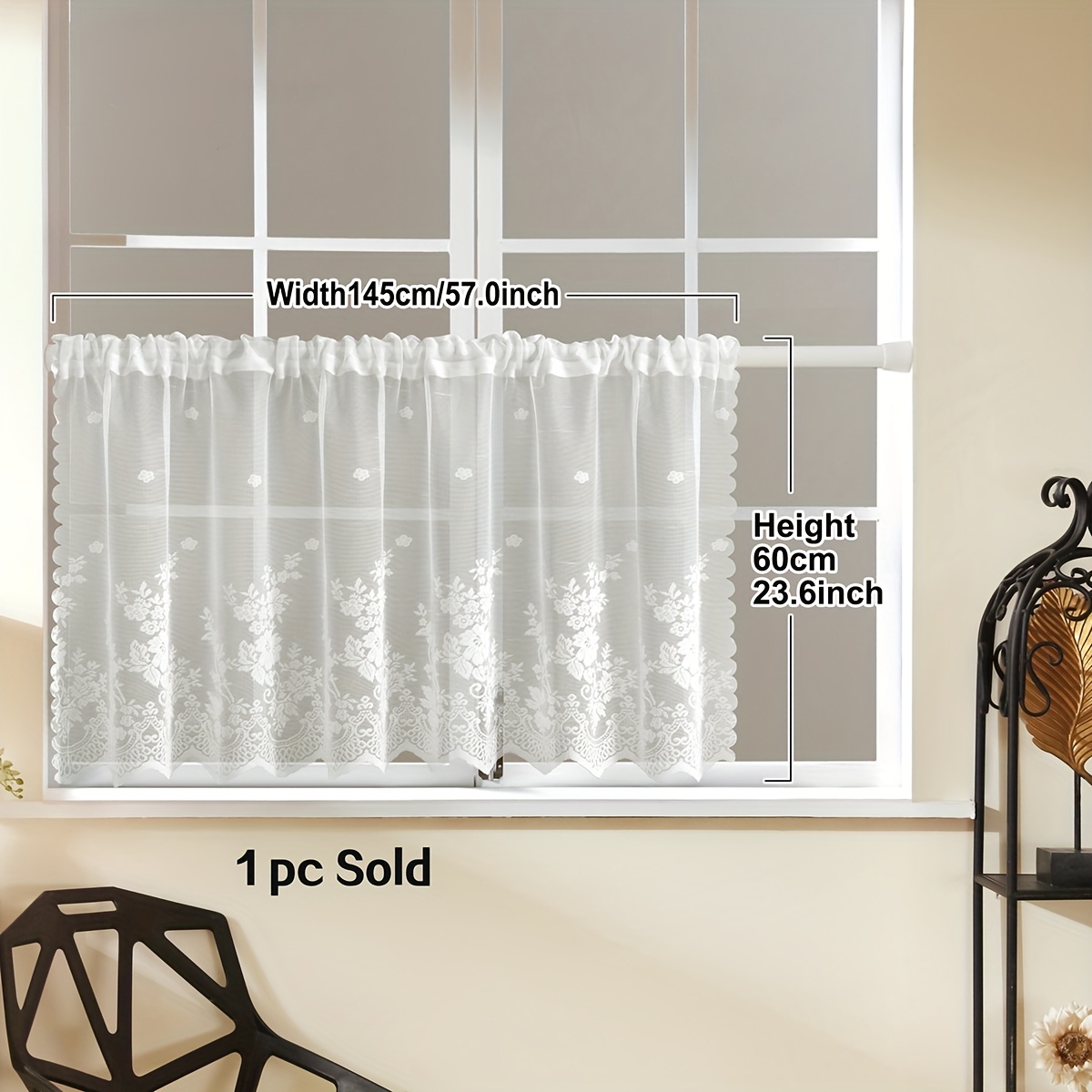 TEMU 1pc Lace Flower Coffee Curtain, Simple And Sweet Lace Small Window Curtain, Rod Type, Curtain Suitable For Kitchen And Restaurant, Window And Door Decoration, Cabinet Curtain Cover