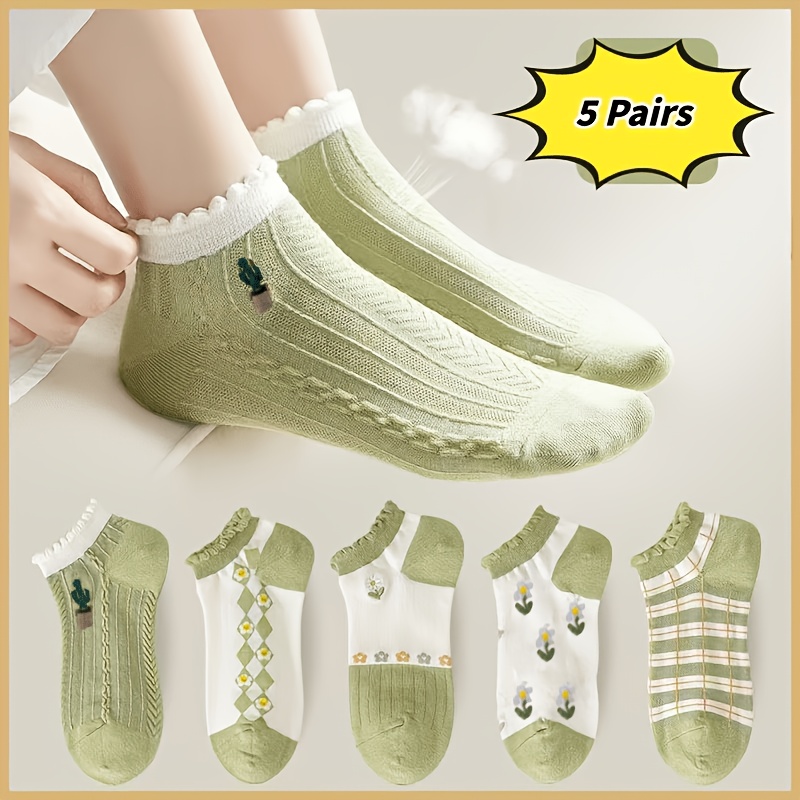 TEMU 5-pair Women's Avocado-themed Socks - Short Ankle Socks With Ribbed Sole & Plant Patterns, Suitable For Spring/summer Casual Wear, Machine
