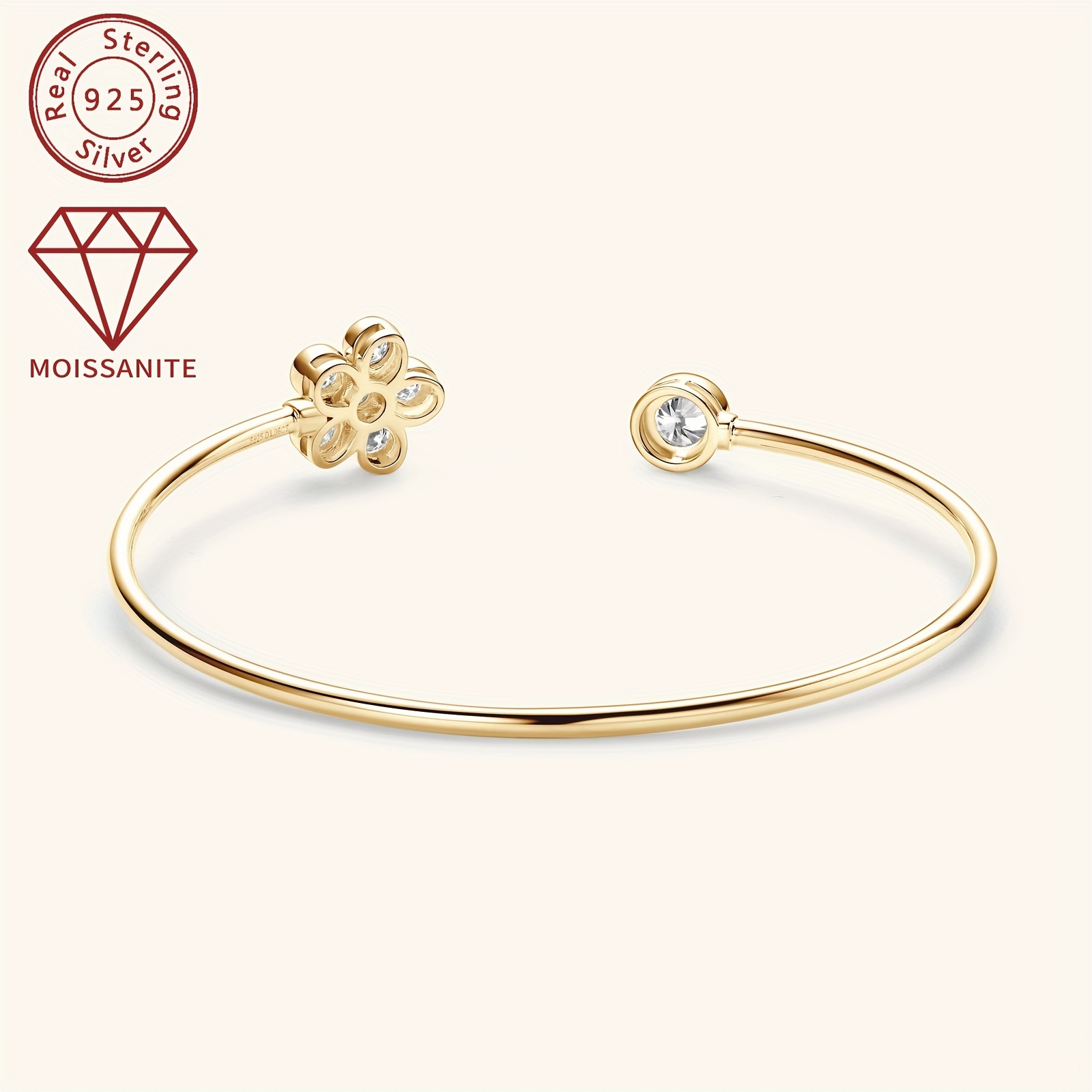 elegant floral cuff with synthetic moissanite stones 925 silver with 14k golden plating april birthstone adjustable open cuff for women 1 06ct total weight christmas and wedding jewelry accessory details 8