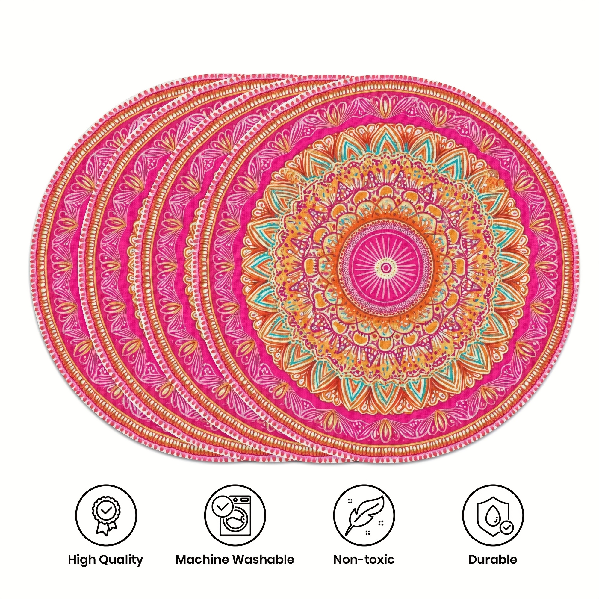 E-shop 4-teiliges Set exquisiter Blumenmuster runde Tischsets, Bohemian Style rutschfeste, hitzebeständige, waschbare Tischmatten 15 Zoll für Party