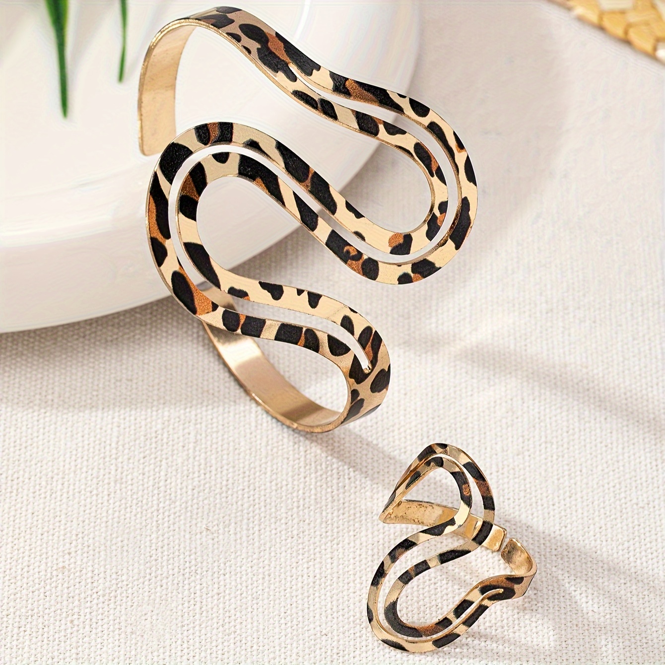 TEMU Boho-chic Leopard Print Open Cuff & Ring Set - Alloy, Casual Attire Or Vacation