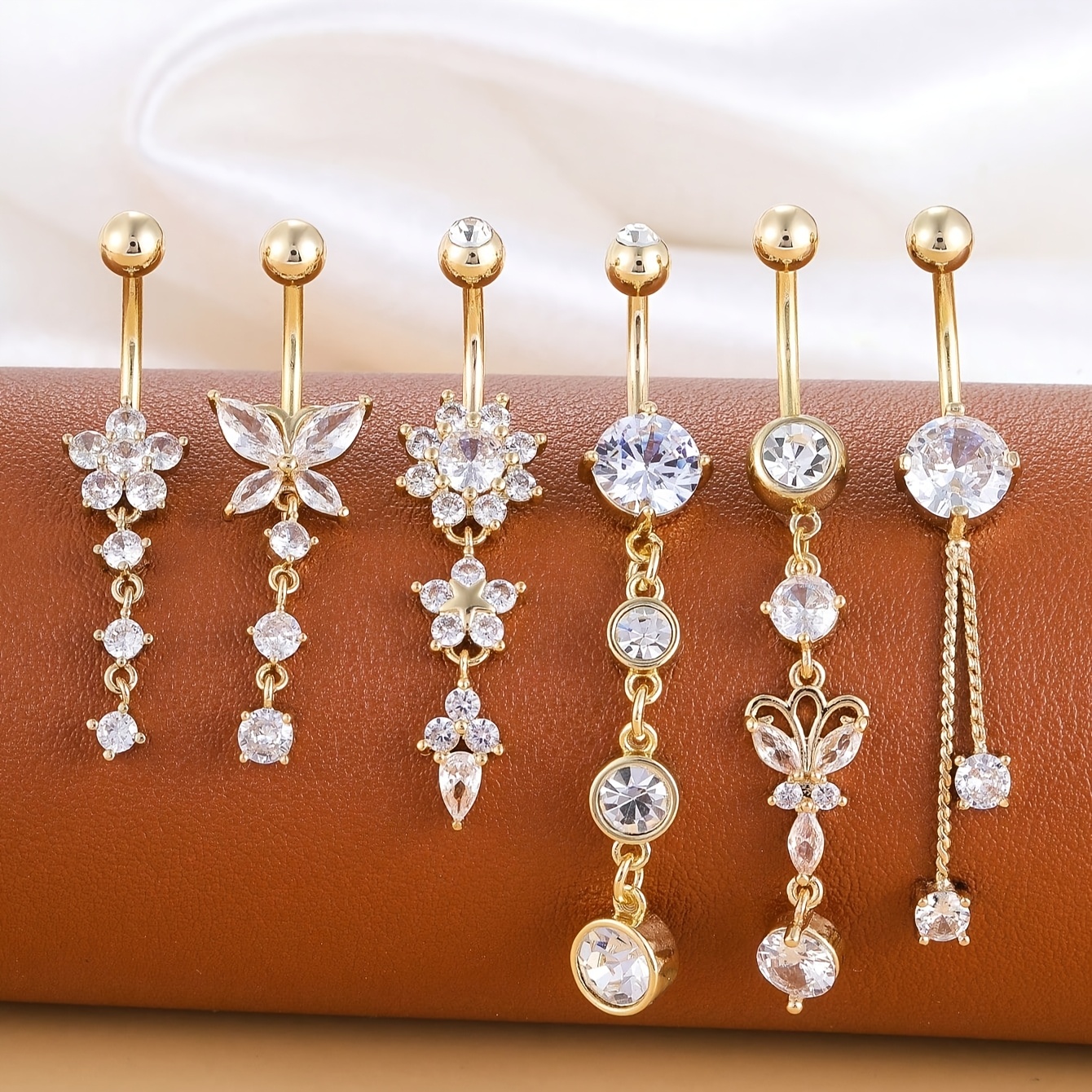 Image of 6pcs Flower Chain Navel Ring Set Women Classic Pendant Belly Stainless Steel Piercing Jewelry Daily Wear