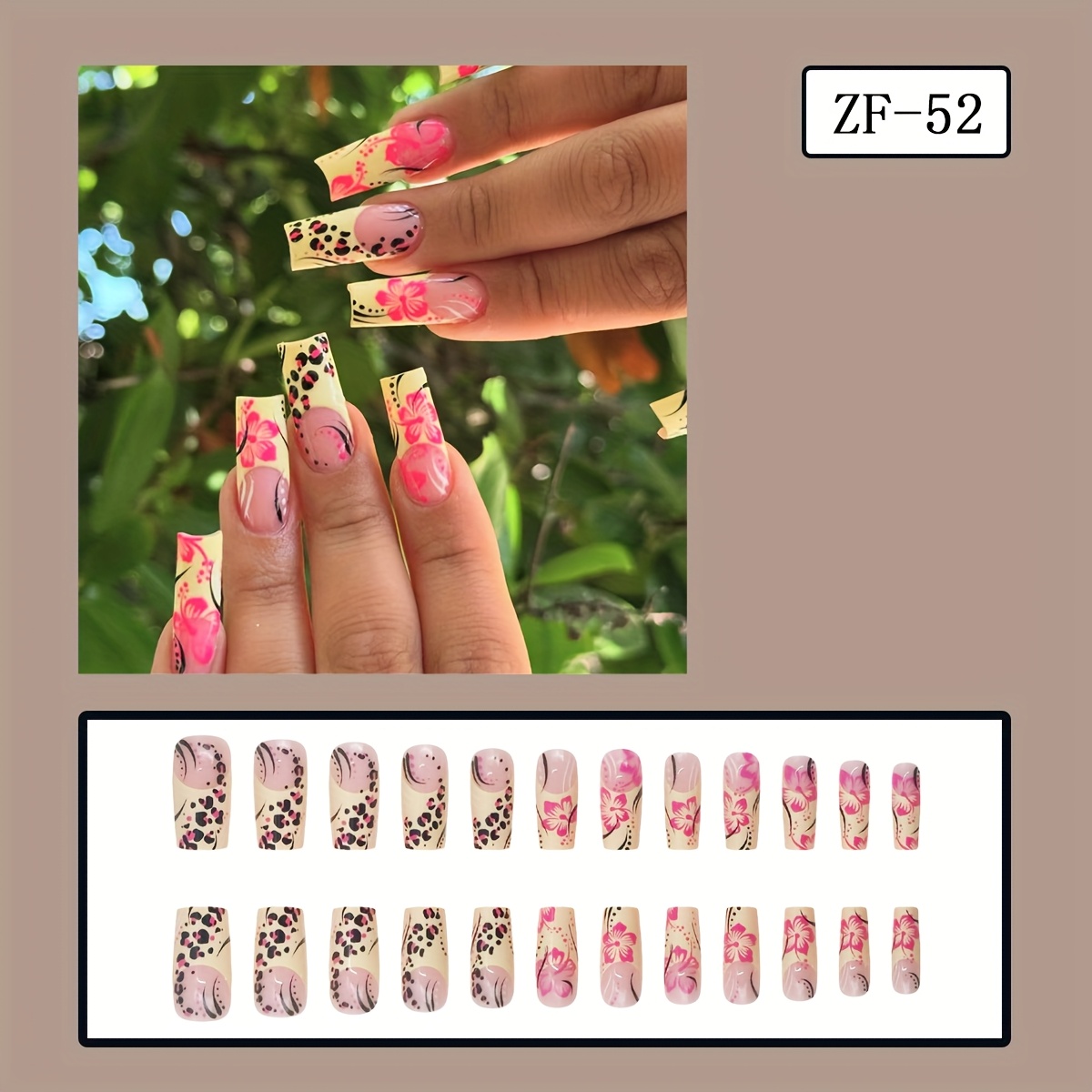 E-shop Verbessern Sie Ihren Look mit 24 Stück mittel-langen, glänzenden Aufklebenägeln mit vollständiger Abdeckung in Leopardenmuster, Blumen-