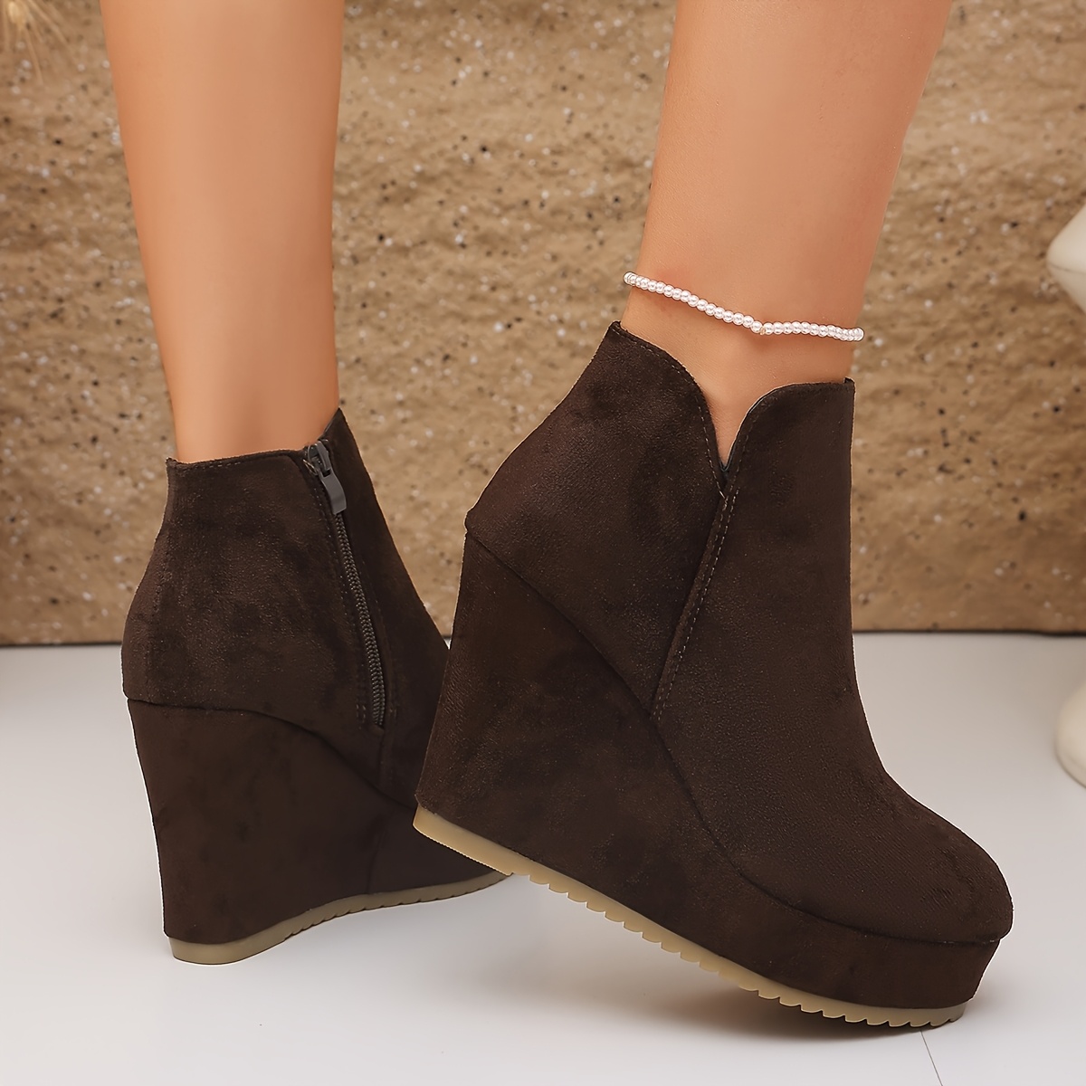 TEMU Minimalist Solid Convenient Side Zipper Round Toe Loose Style -neck High Heel Ankle Boots For Fall Winter, Women Shoes