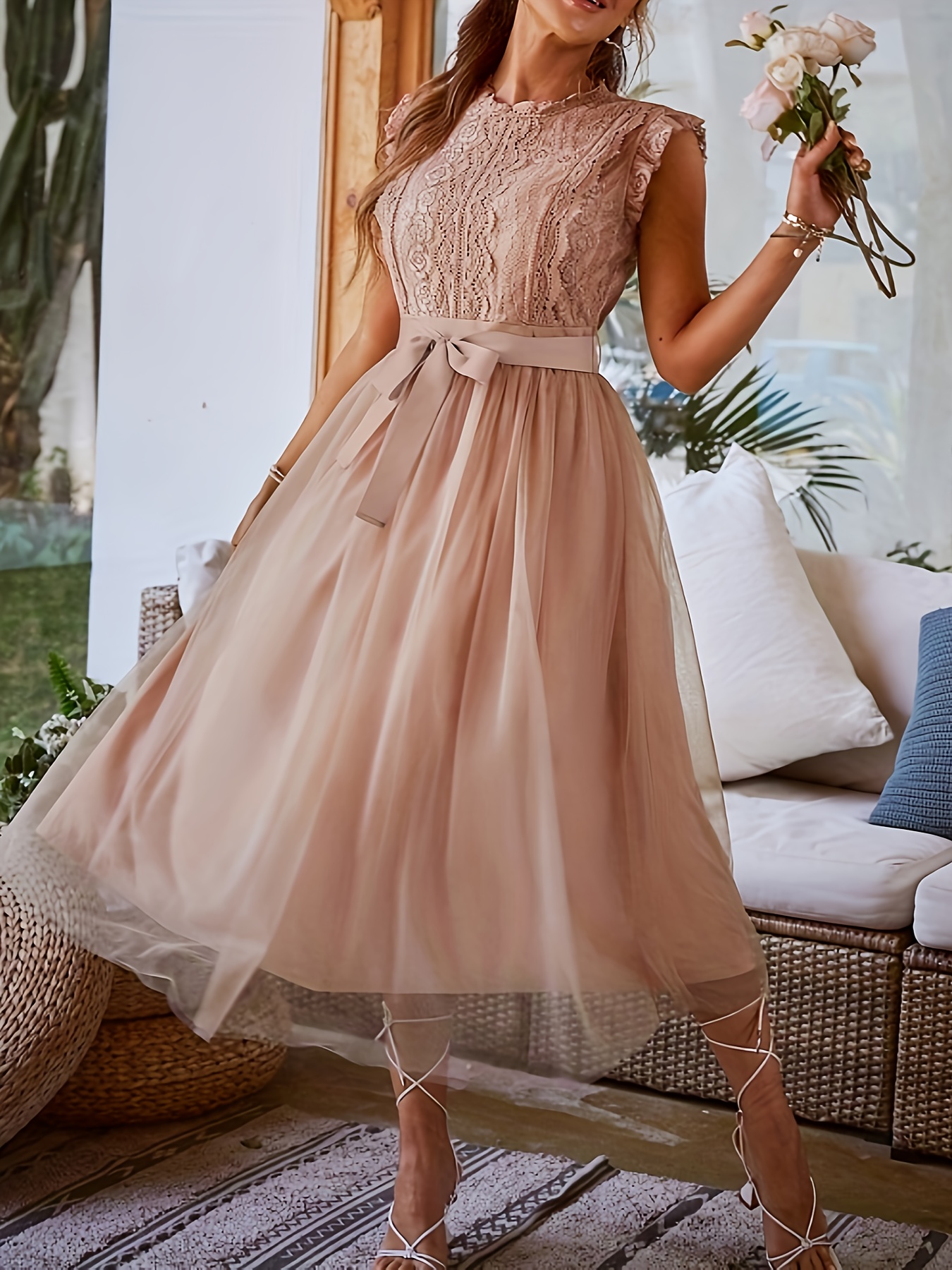 womens spring summer new contrast lace mesh spliced long - Temu Hungary